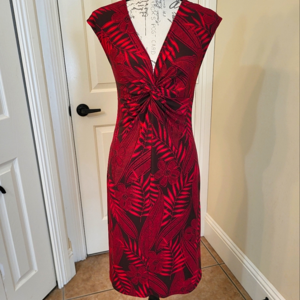 Red Floral Twist-Front Sheath Dress